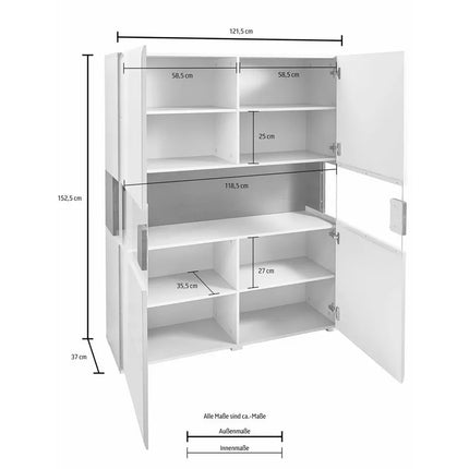 UNICORN Dresser wall unit modern high-gloss white with glass and mood lighting width 152 cm length 121.5 cm depth 37 cm
