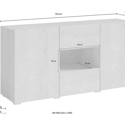 UNICORN Sideboard wall unit modern gray high-gloss white with mood lighting Width 136.5 cm Depth 37.5 cm Height 69 cm