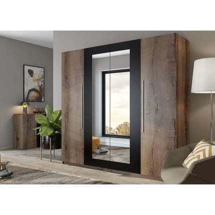 UNICORN Wardrobe country modern with mirror dark brown black white light gray Width 228 cm Depth 57 cm Height 214 cm