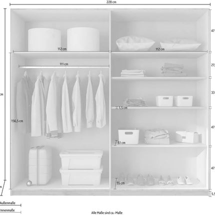 UNICORN Wardrobe country modern with mirror dark brown black white light gray Width 228 cm Depth 57 cm Height 214 cm