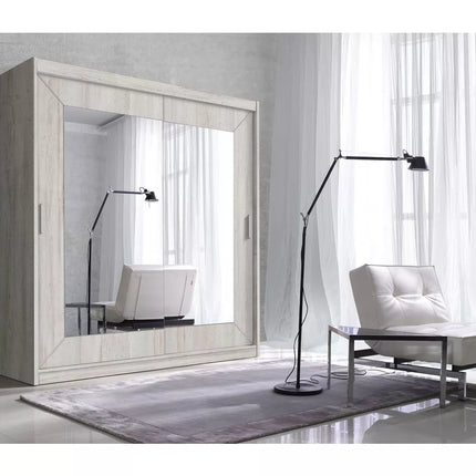 UNICORN Modern wardrobe with mirror, oak, brown, white, light gray, width 200 cm, depth 60 cm, height 215 cm