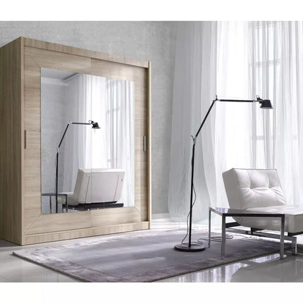 UNICORN Modern wardrobe with mirror, oak, brown, white, light gray, width 200 cm, depth 60 cm, height 215 cm