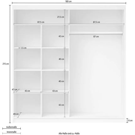 UNICORN Modern wardrobe with mirror, oak, brown, white, light gray, width 200 cm, depth 60 cm, height 215 cm