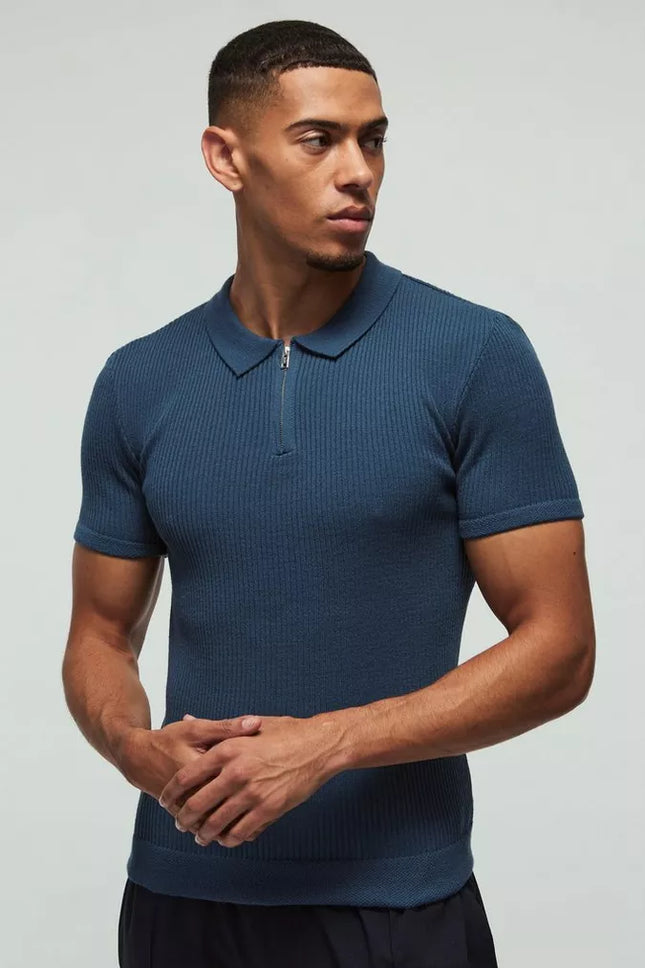 UNICORN Men's polo shirt ribbed knitted dark blue xs s m