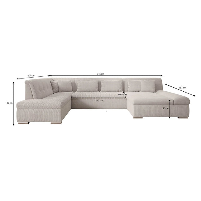 UNICORN 5-seater corner sofa with chaise longue, ribbed fabric, beige black