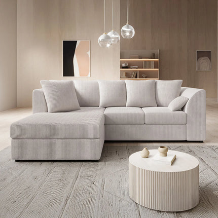 UNICORN Corner sofa, 3-seater with chaise longue, ribbed fabric, beige