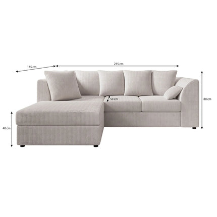 UNICORN Corner sofa 3-seater with chaise longue Ribbed fabric beige Width 215 cm Height 80 cm Depth 165 cm