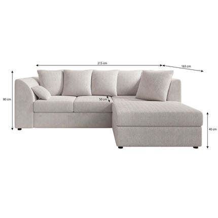 UNICORN Corner sofa, 3-seater with chaise longue, ribbed fabric, beige