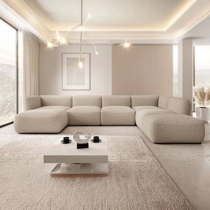 UNICORN Corner sofa 5-seater with chaise longue Teddy fabric taupe beige Width 372 cm Height 75 cm Depth 218 cm