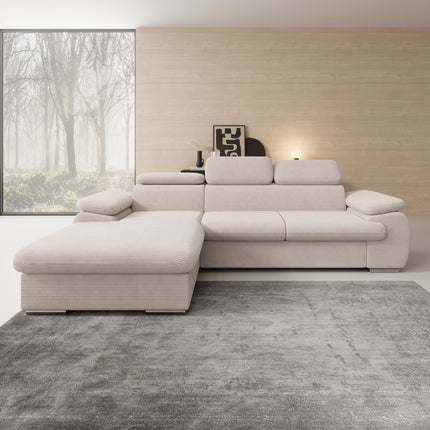 UNICORN Corner sofa, 3-seater with chaise longue, ribbed fabric, beige brown grey