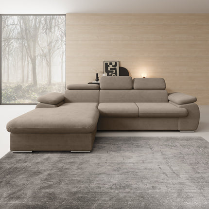 UNICORN Corner sofa, 3-seater with chaise longue, ribbed fabric, beige brown grey