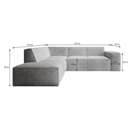 UNICORN Corner sofa 4-seater with chaise longue Ribbed fabric gray beige Width 261 cm Height 80 cm Depth 216 cm Seat height 45 cm Seat depth 60 cm