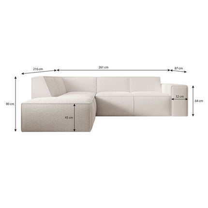 UNICORN Corner sofa 4-seater with chaise longue Teddy fabric white beige gray Width 261 cm Height 80 cm Depth 216 cm