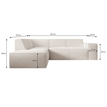 UNICORN Corner sofa 4-seater with chaise longue Teddy fabric white beige gray Width 261 cm Height 80 cm Depth 216 cm