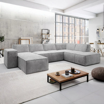 UNICORN 5-seater corner sofa with chaise longue, ribbed fabric, beige gray Width 334 cm Height 79 cm Depth 216 cm