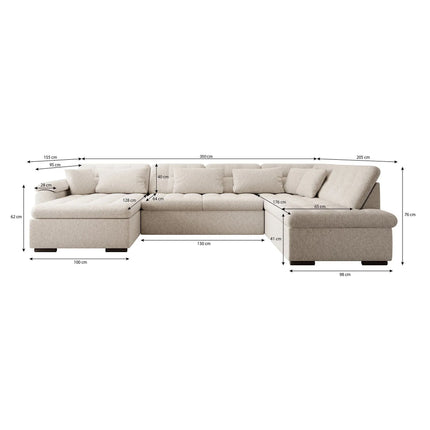 UNICORN Corner sofa 5-seater with chaise longue Teddy fabric beige Width 350 cm Height 76 cm Depth 205 cm Seat height 41 cm Seat depth 64 cm