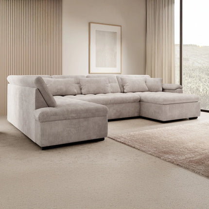 UNICORN 5-seater corner sofa with chaise longue, ribbed fabric brown grey beige