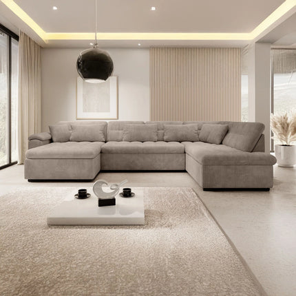 UNICORN 5-seater corner sofa with chaise longue, ribbed fabric, dark gray beige brown Width 350 cm Height 76 cm Depth 205 cm Seat height 41 cm Seat depth 64 cm