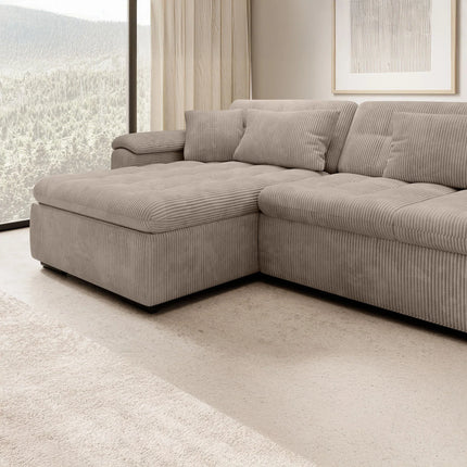 UNICORN 5-seater corner sofa with chaise longue, ribbed fabric brown beige grey