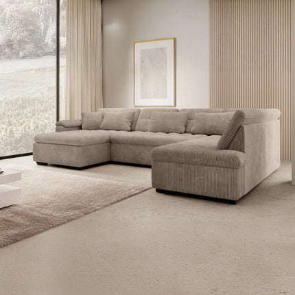 UNICORN 5-seater corner sofa with chaise longue, ribbed fabric brown beige grey