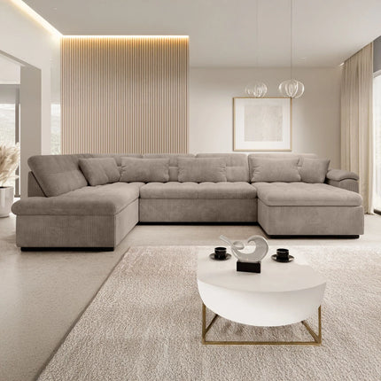 UNICORN 5-seater corner sofa with chaise longue, ribbed fabric, beige brown grey