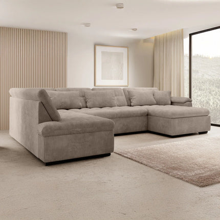 UNICORN 5-seater corner sofa with chaise longue, ribbed fabric, dark gray beige brown Width 350 cm Height 76 cm Depth 205 cm Seat height 41 cm Seat depth 64 cm