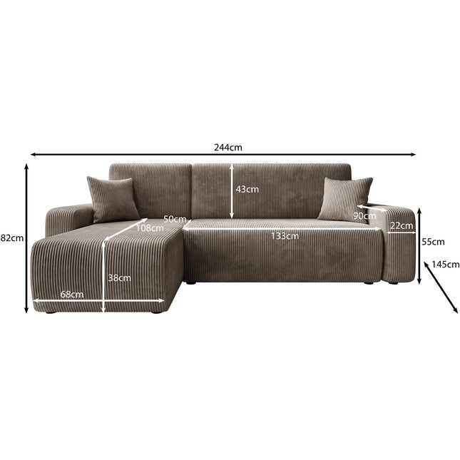 UNICORN Corner sofa 3-seater with chaise longue Ribbed fabric brown beige Width 244 cm Height 82 cm Depth 145 cm Seat height 38 cm Seat depth 50 cm