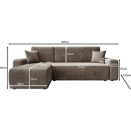 UNICORN Corner sofa 3-seater with chaise longue Ribbed fabric brown beige Width 244 cm Height 82 cm Depth 145 cm Seat height 38 cm Seat depth 50 cm