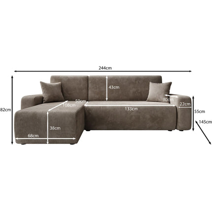 UNICORN Corner sofa 3-seater with chaise longue Ribbed fabric brown beige Width 244 cm Height 82 cm Depth 145 cm Seat height 38 cm Seat depth 50 cm