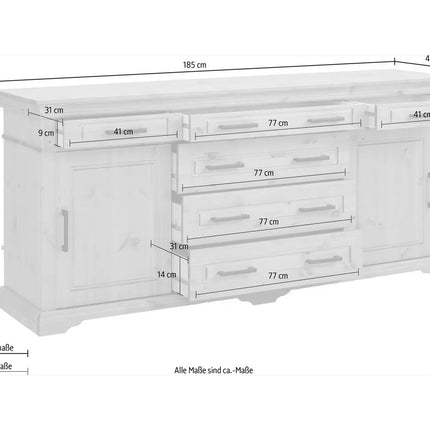 UNICORN Dresser wall unit country solid white Width 186 cm Depth 45 cm Height 84 cm