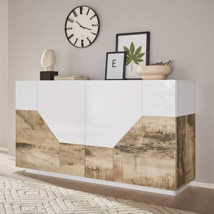 UNICORN Sideboard wall unit modern high-gloss white oak light brown matt dark gray Width 160 cm Depth 43 cm Height 86 cm