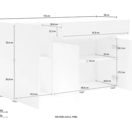 UNICORN TV furniture wall unit high-gloss white Width 135 cm Depth 38 cm Height 80 cm