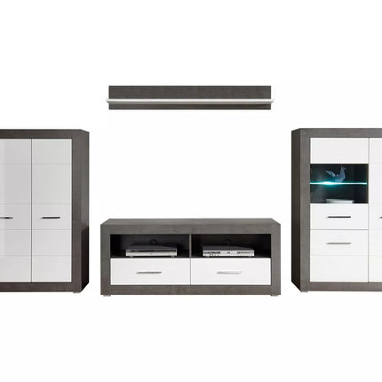 UNICORN TV stand wall unit high-gloss white dark gray with mood lighting (set of 4)