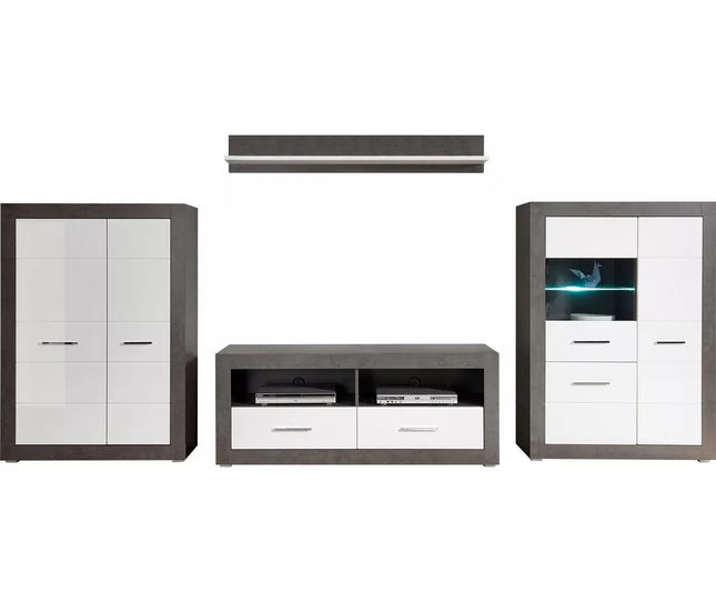 UNICORN TV stand wall unit high-gloss white dark gray with mood lighting (set of 4)