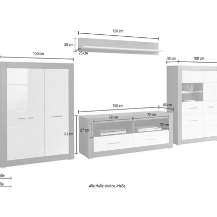 UNICORN TV stand wall unit high-gloss white dark gray with mood lighting (set of 4)