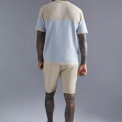 UNICORN Men's polo shirt rib knit sweater pattern beige light blue xs s m l