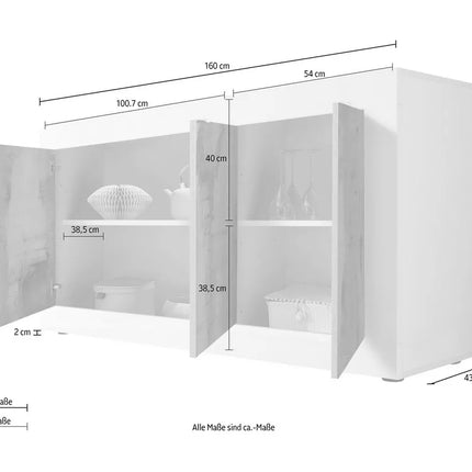 UNICORN Sideboard wall unit modern white black gray Width 160 cm Depth 43 cm Height 86 cm