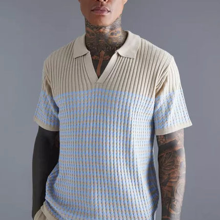 UNICORN Men's polo shirt rib knit sweater pattern beige light blue xs s m l