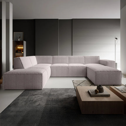 UNICORN Corner sofa 5-seater with chaise longue Fluffy ribbed fabric beige Width 334 cm Height 79 cm Depth 216 cm