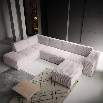 UNICORN Corner sofa 5-seater with chaise longue Fluffy ribbed fabric beige Width 334 cm Height 79 cm Depth 216 cm
