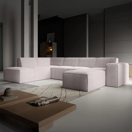 UNICORN Corner sofa 5-seater with chaise longue Fluffy ribbed fabric beige Width 334 cm Height 79 cm Depth 216 cm