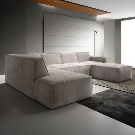 UNICORN 5-seater corner sofa with chaise longue, ribbed fabric, beige gray Width 334 cm Height 79 cm Depth 216 cm