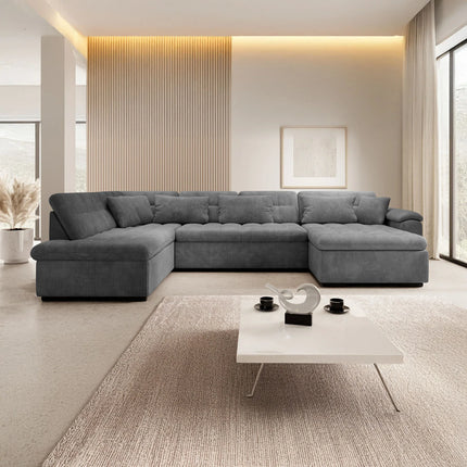 UNICORN 5-seater corner sofa with chaise longue, ribbed fabric, beige brown grey