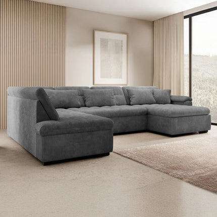 UNICORN 5-seater corner sofa with chaise longue, ribbed fabric brown beige grey