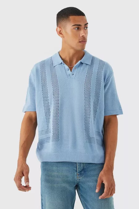 UNICORN Men's polo shirt ribbed sweater pattern light blue xs s m l xl