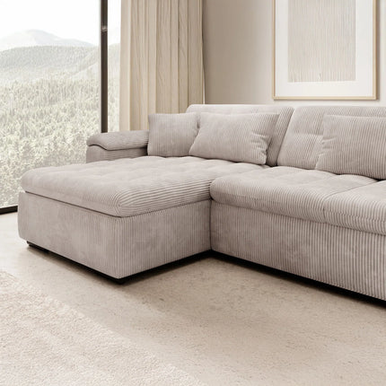 UNICORN 5-seater corner sofa with chaise longue, ribbed fabric brown beige grey