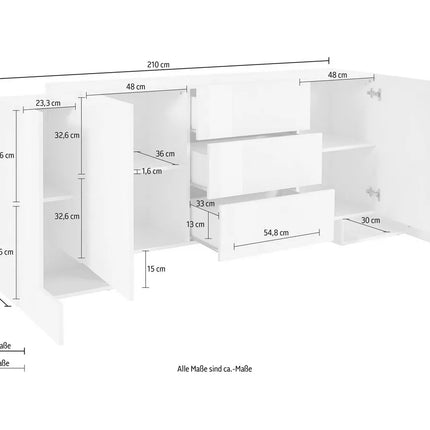 UNICORN Sideboard wall unit modern high-gloss white Width 210 cm Depth 40 cm Height 85 cm