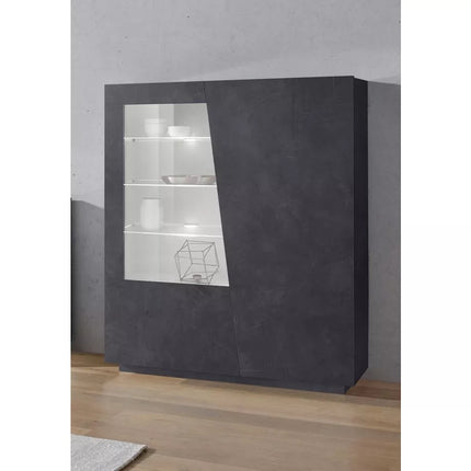 UNICORN Sideboard wall unit modern high-gloss white cement look dark gray with glass Width 146 cm Length 120 cm Depth 43 cm