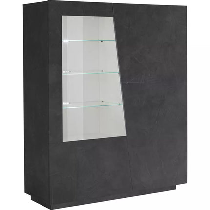 UNICORN Sideboard wall unit modern high-gloss white cement look dark gray with glass Width 146 cm Length 120 cm Depth 43 cm