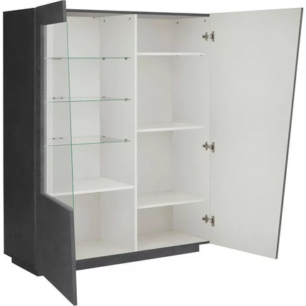 UNICORN Sideboard wall unit modern high-gloss white cement look dark gray with glass Width 146 cm Length 120 cm Depth 43 cm